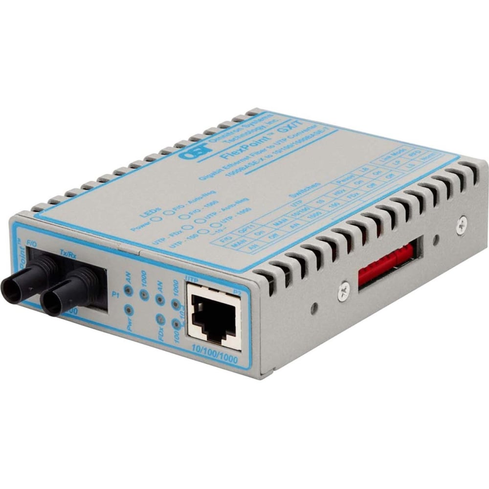 Omnitron FlexPoint 10/100/1000 Gigabit Ethernet Fiber Media Converter RJ45 ST Single-Mode 12km - 1 x 10/100/1000BASE-T; 1 x 1000BASE-LX; No Power Adapter; Lifetime Warranty MPN:4707-0