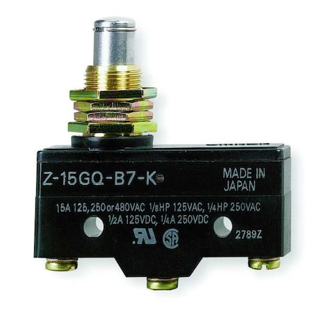 Industrial Snap Action Switch, Panel Mount, Plunger Actuator, SPDT, 20A at 480V AC Contact Rating MPN:A-20GQ-B7-K