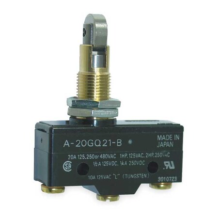 Snap Action Switch, Roller, Panel Mount, Plunger Actuator, SPDT, 20 A at 480 V AC Contact Rating MPN:A-20GQ21-B