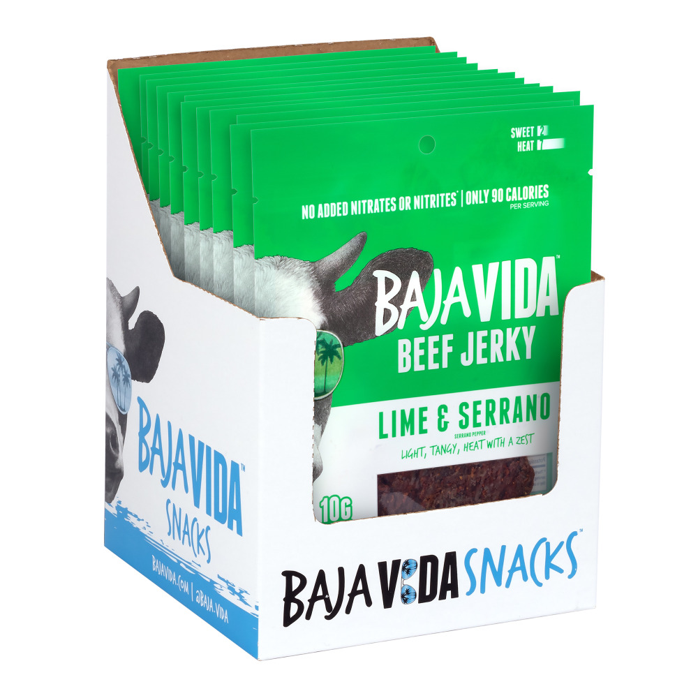 Baja Vida Beef Jerky Lime And Serrano Pepper Snack Packs, 1.0 Oz, Box Of 12 Packs MPN:00850045035591