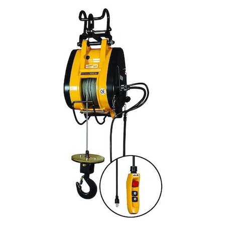 Electric Wire Rope Hoist, 1, 000 lb, 90 ft, Hook Mounted - No Trolley, 115V AC, Yellow MPN:OBH1000