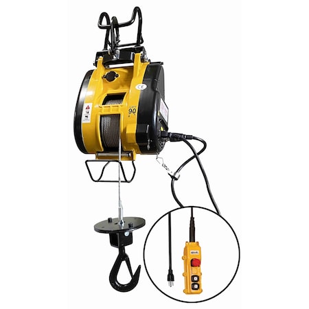 Electric Wire Rope Hoist, 500 lb, 90 ft, Hook Mounted - No Trolley, 115V AC, Yellow MPN:OBH500