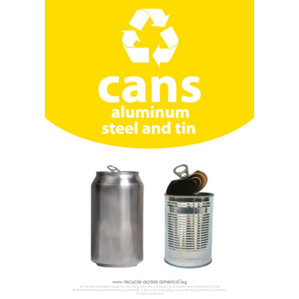Recycle Across America Aluminum, METAL-1007, Steel And Tin Cans Standardized Recycling Labels, 10in x 7in, Yellow MPN:METAL-1007