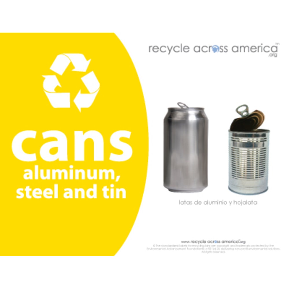 Recycle Across America Aluminum, METAL-8511, Steel And Tin Cans Standardized Recycling Labels, 8 1/2in x 11in, Yellow MPN:METAL-8511