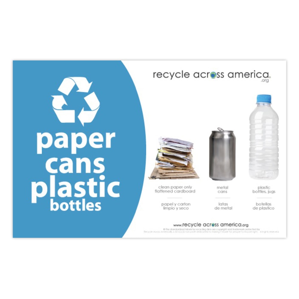 Recycle Across America Paper, Cans And Plastic Standardized Recycling Label, PCP-5585, 5 1/2in x 8 1/2in, Light Blue MPN:PCP-5585