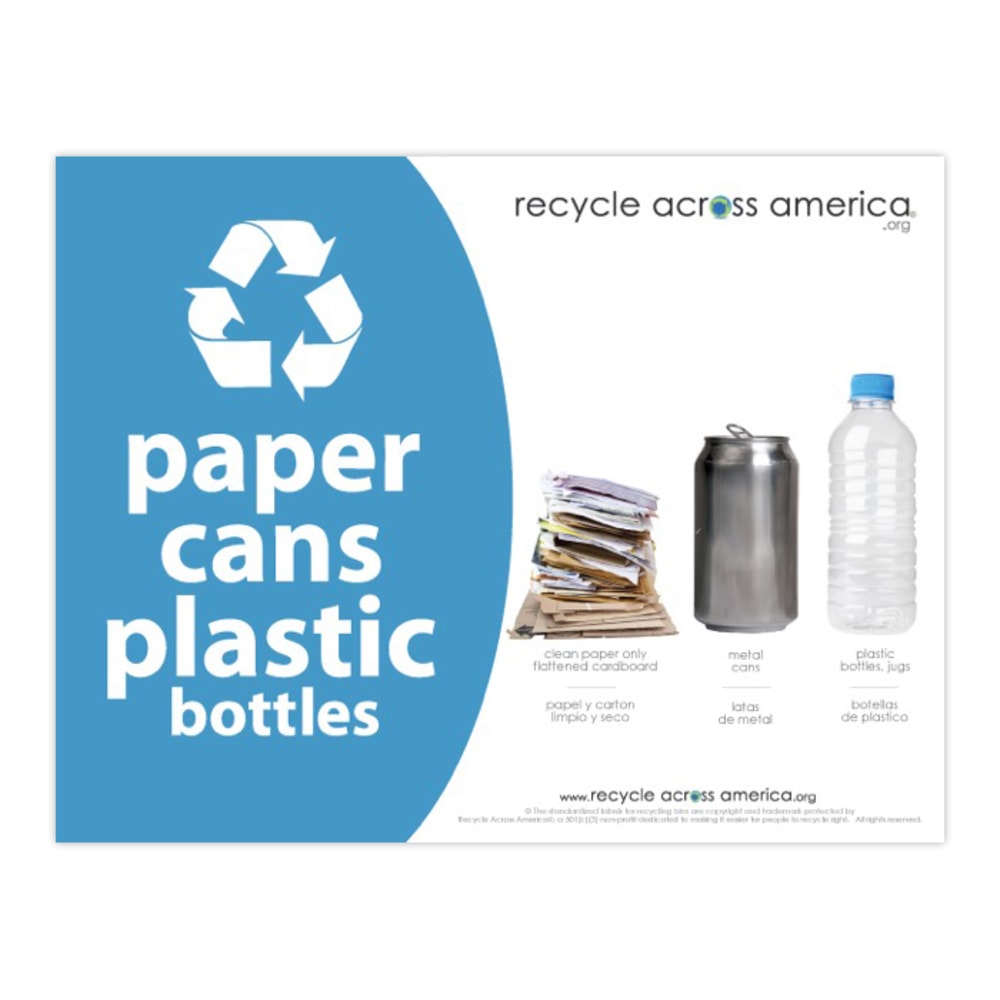 Recycle Across America Paper, Cans And Plastic Standardized Recycling Label, PCP-8511, 8 1/2in x 11in, Light Blue MPN:PCP-8511