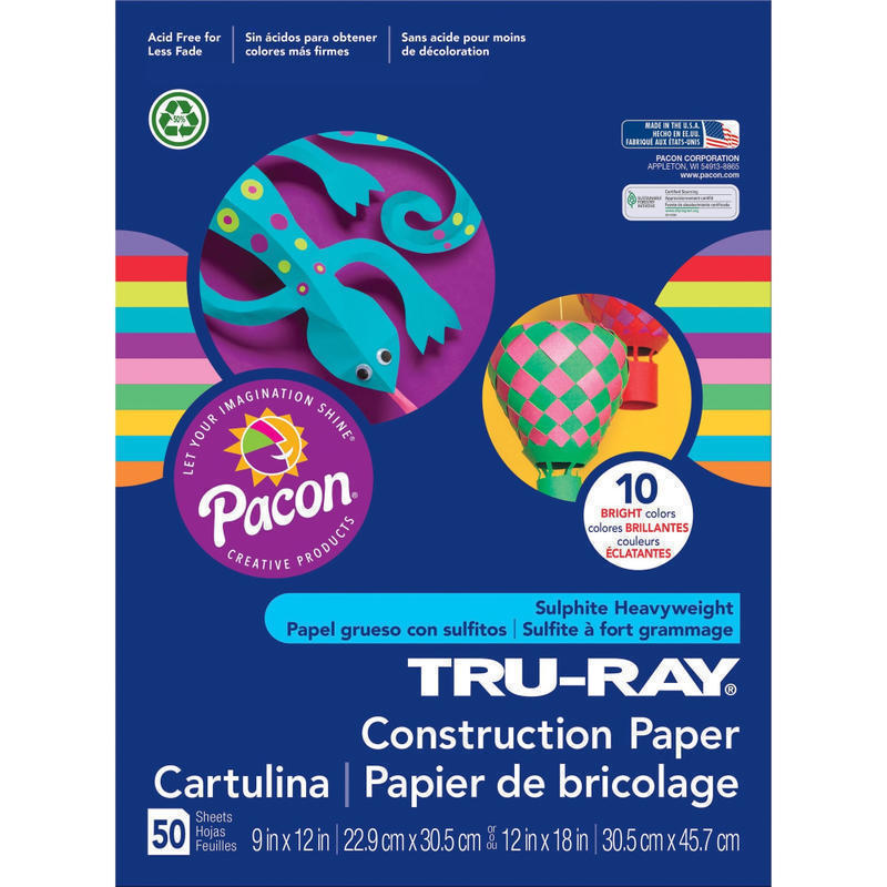 Tru-Ray Construction Paper, 50% Recycled, 9in x 12in, Assorted Brights, Pack Of 50 MPN:102940