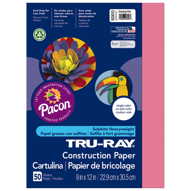 Tru-Ray Construction Paper, 50% Recycled, 9in x 12in, Shocking Pink, Pack Of 50 MPN:103013