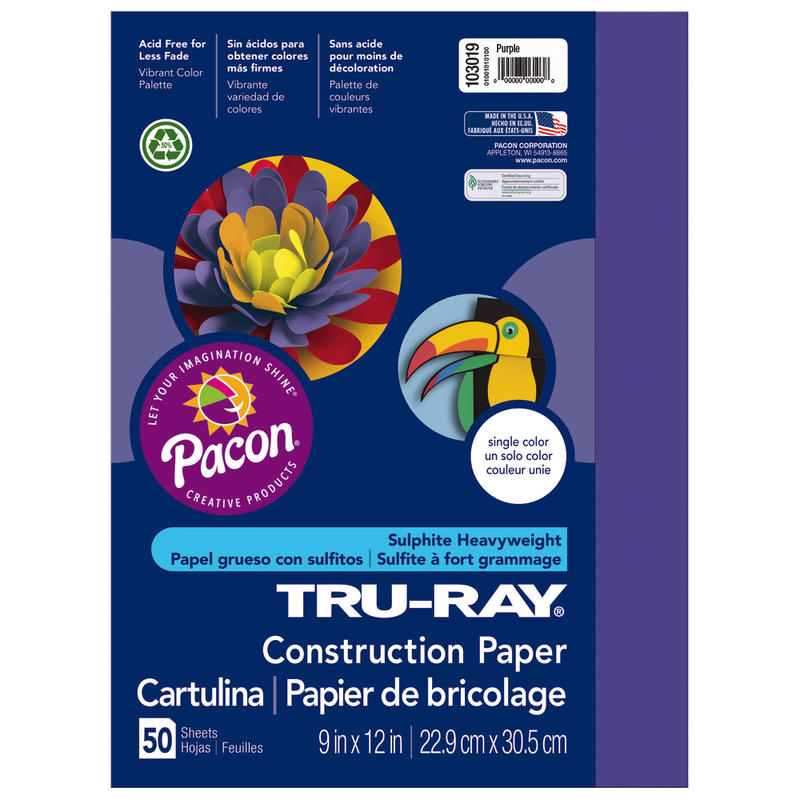 Tru-Ray Construction Paper, 50% Recycled, 9in x 12in, Purple, Pack Of 50 MPN:103019