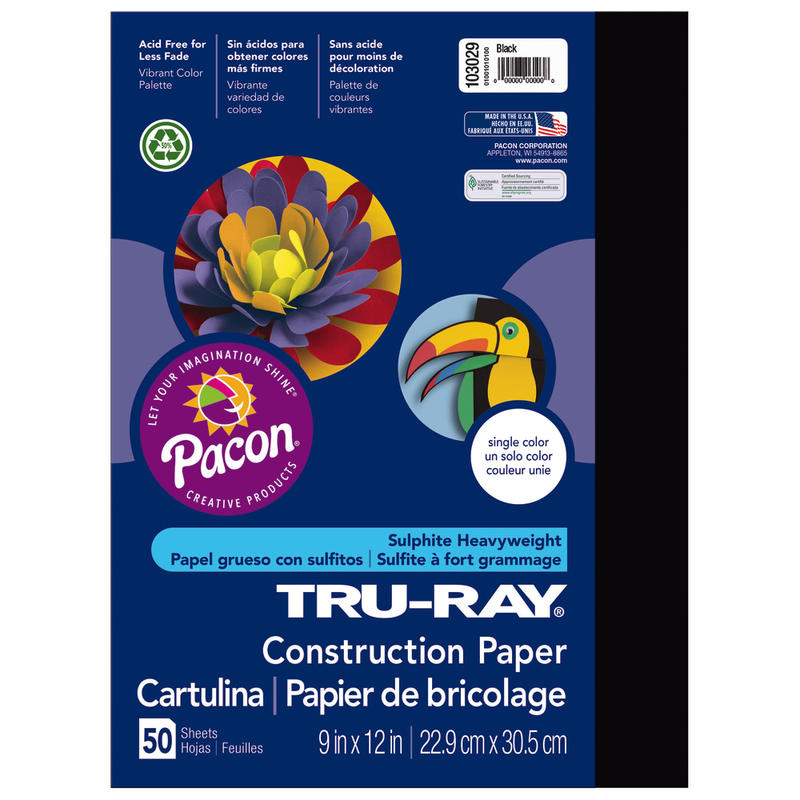 Tru-Ray Construction Paper, 50% Recycled, 9in x 12in, Black, Pack Of 50 (Min Order Qty 17) MPN:103029