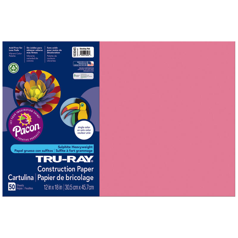 Tru-Ray Construction Paper, 50% Recycled, 12in x 18in, Shocking Pink, Pack Of 50 MPN:103045