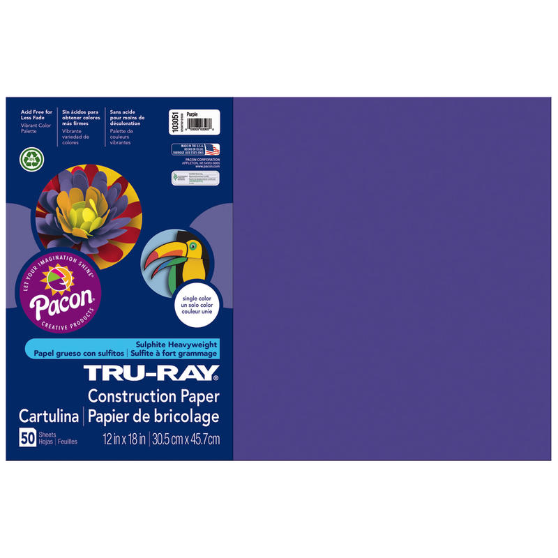 Tru-Ray Construction Paper, 50% Recycled, 12in x 18in, Purple, Pack Of 50 MPN:103051