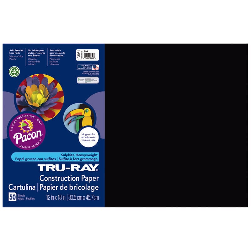 Tru-Ray Construction Paper, 50% Recycled, 12in x 18in, Black, Pack Of 50 (Min Order Qty 8) MPN:103061