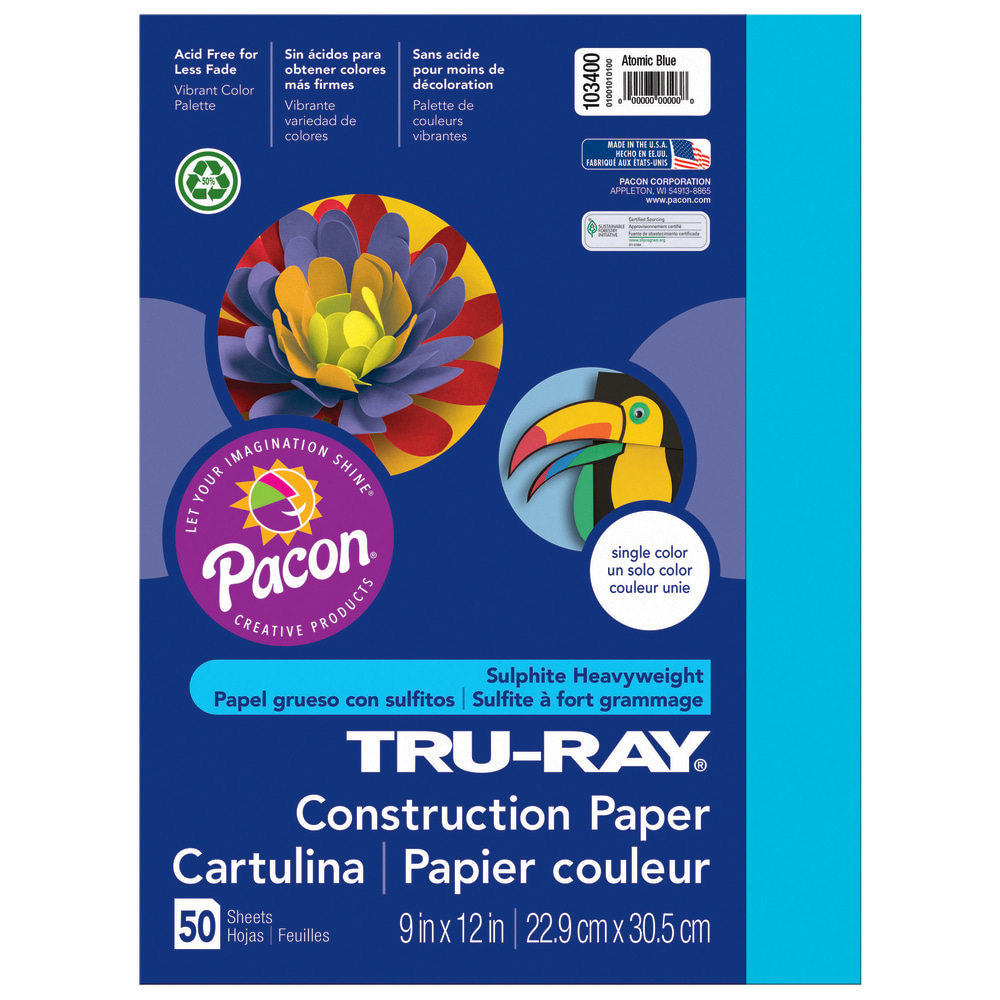 Tru-Ray Construction Paper, 9in x 12in, 50% Recycled, Atomic Blue, Pack Of 50 MPN:103400