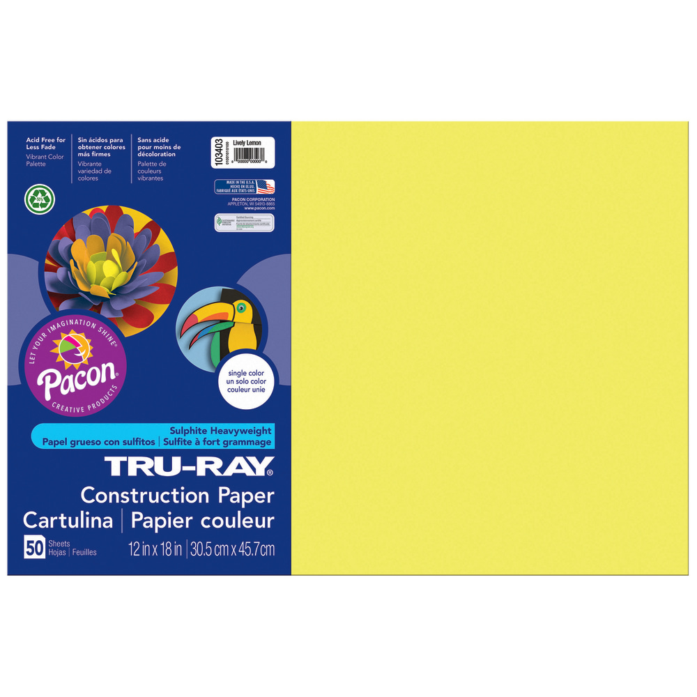 Tru-Ray Construction Paper, 12in x 18in, 50% Recycled, Lively Lemon, Pack Of 50 MPN:103403