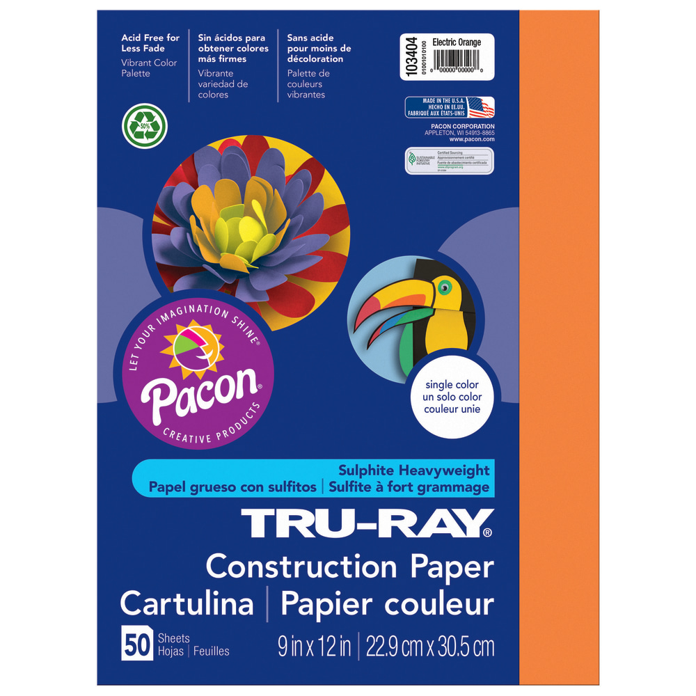 Tru-Ray Construction Paper, 9in x 12in, 50% Recycled, Electric Orange, Pack Of 50 MPN:103404