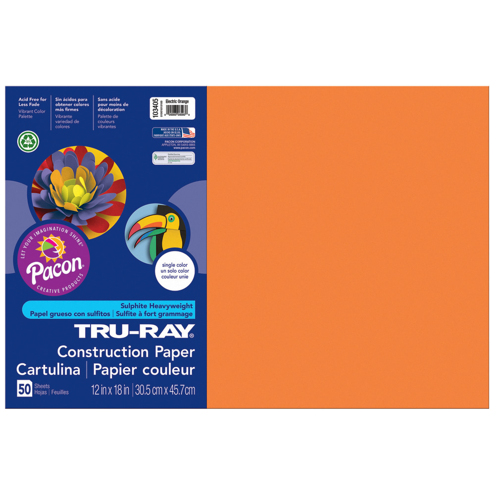 Tru-Ray Construction Paper, 12in x 18in, 50% Recycled, Electric Orange, Pack Of 50 MPN:103405