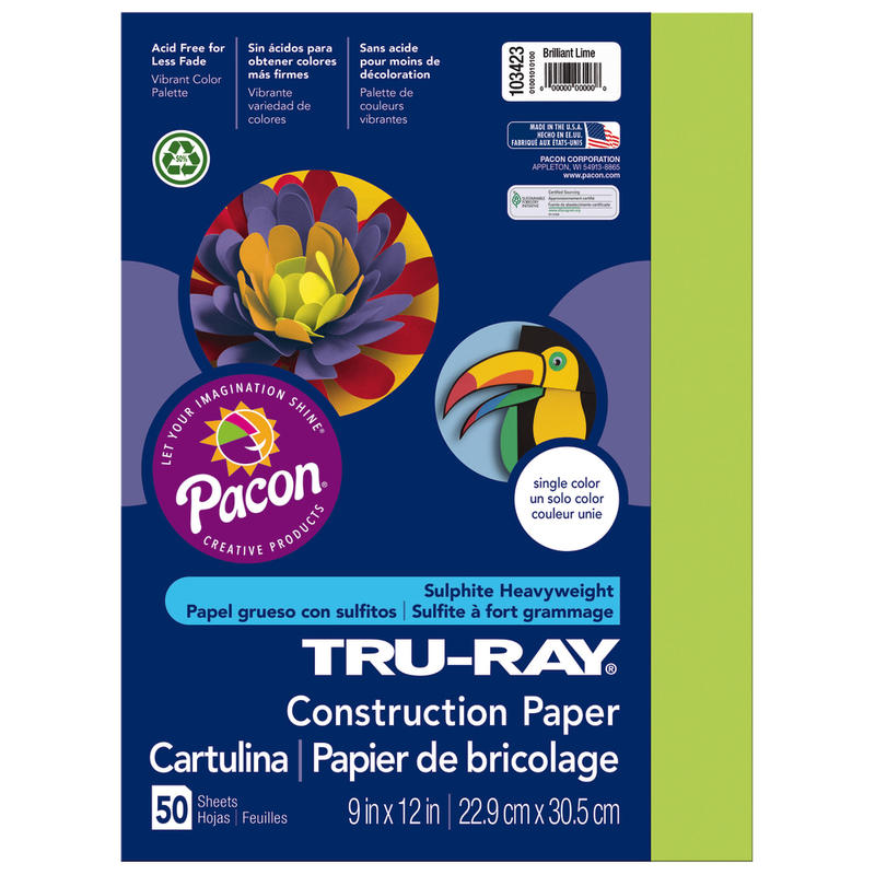 Tru-Ray Construction Paper, 50% Recycled, 9in x 12in Brilliant Lime, Pack Of 50 MPN:103423