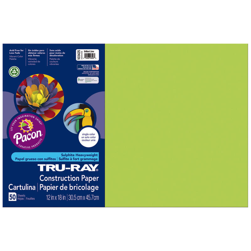 Tru-Ray Construction Paper, 50% Recycled, 12in x 18in, Brilliant Lime, Pack Of 50 MPN:103425