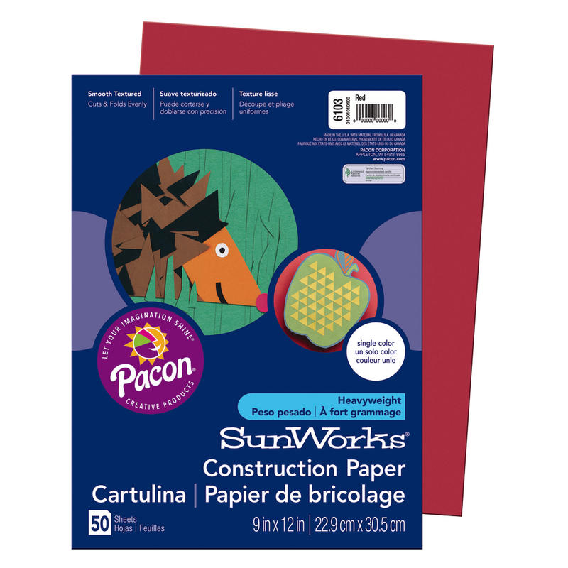 SunWorks Construction Paper, 9in x 12in, Red, Pack Of 50 (Min Order Qty 22) MPN:6103