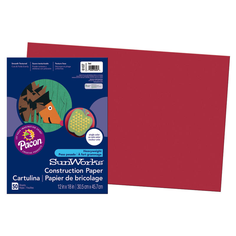 SunWorks Construction Paper, 12in x 18in, Red, Pack Of 50 (Min Order Qty 13) MPN:6107
