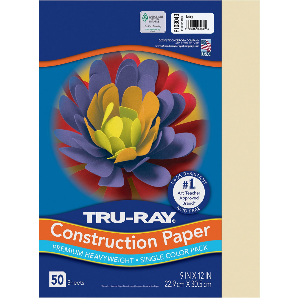 Tru-Ray Construction Paper - Art Project, Craft Project - 9in Width x 12in Length - 76 lb Basis Weight - Ivory - Fiber, Sulphite - 50 / Pack MPN:P103043