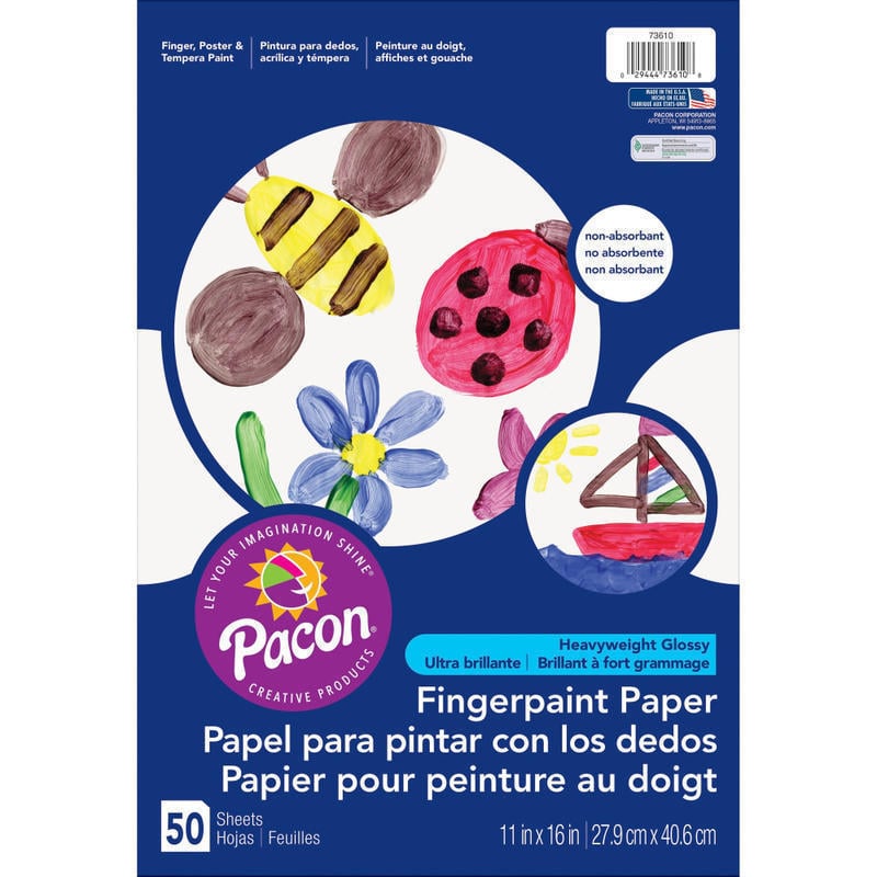 Pacon Fingerpaint Paper - 50 Sheets - 11in x 16in - White Paper - Non Absorbant, Bleed Resistant, Smear Resistant - 1 / Pack (Min Order Qty 15) MPN:73610