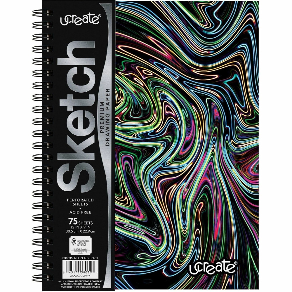 Pacon Fashion Sketch Book, 75 Sheets, Spiral, 120 g/m2, 9in x 6in, Neon Neon Squiggles Cover MPN:P38035