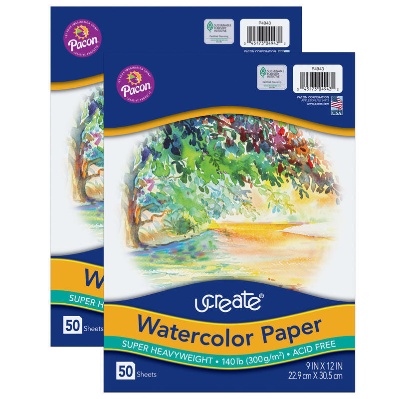 Pacon UCreate Watercolor Paper, 9in x 12in, White, 50 Sheets Per Pack, Case Of 2 Packs MPN:PAC4943-2