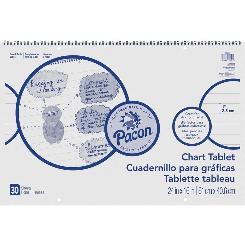 Pacon Ruled Chart Tablet - 30 Sheets - Spiral Bound - Ruled - 1in Ruled - 24in x 16in - White Paper - Stiff Cover - Sturdy Back, Recyclable, Dual Sided - 1 / Each (Min Order Qty 10) MPN:74630