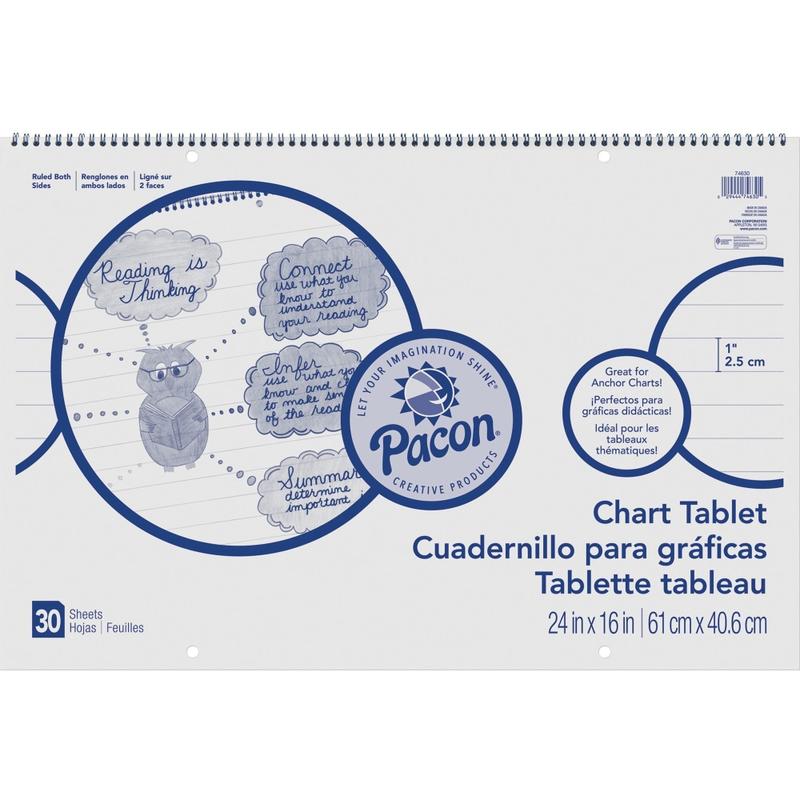 Pacon Ruled Chart Tablet - 30 Sheets - Spiral Bound - Ruled - 1in Ruled - 24inx16in - White Paper - Stiff Cover - 74630 MPN:74630