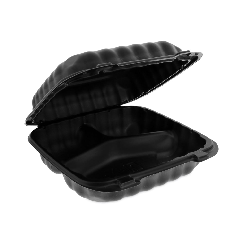 Pactiv Evergreen EarthChoice SmartLock Microwavable MFPP Hinged Lid Containers, 3-Compartment, Black, Carton Of 200 - YCNB08030000 MPN:YCNB08030000