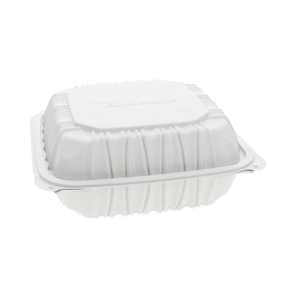 Pactiv Evergreen EarthChoice Vented Microwavable MFPP Hinged Lid Containers, 3-1/8inH x 8-1/2inW x 8-1/2inD, White, Carton Of 146 Containers MPN:YCNW0851