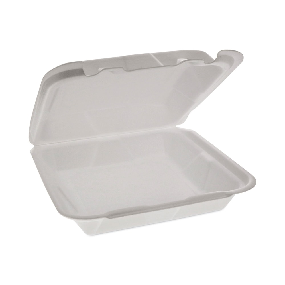 Pactiv Evergreen Foam Hinged-Lid Containers, Dual-Tab Lock, Happy Face, 2-1/4inH x 8inW x 7-3/4inD, White, Carton Of 200 Containers MPN:YHD18SS00200
