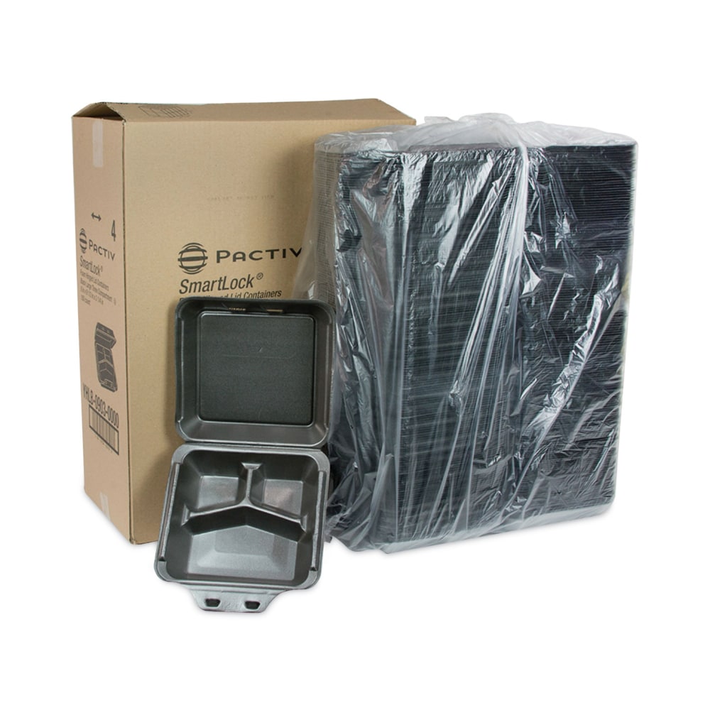 Pactiv Evergreen SmartLock Foam Hinged Lid Containers, Large, 3-Compartment, 3-1/4inH x 9inW x 9-1/2inD, Black, Carton Of 150 Containers MPN:YHLB09030000