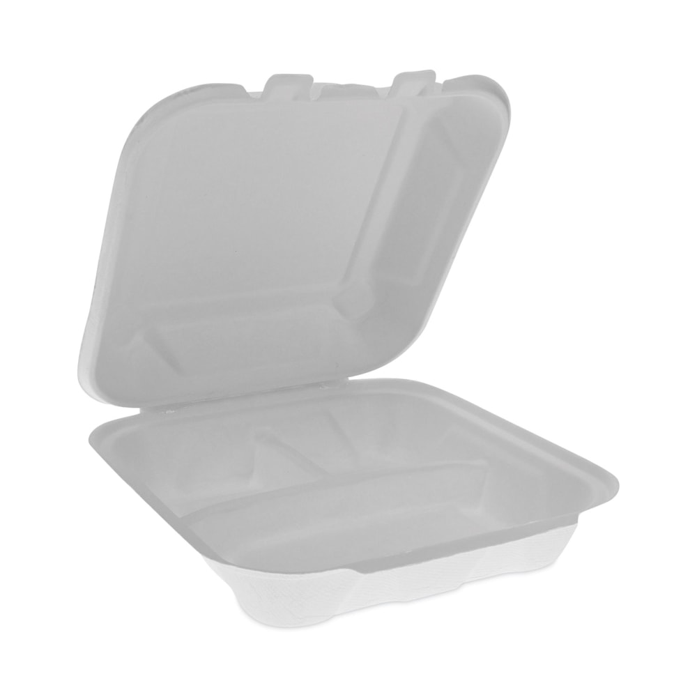 Pactiv Evergreen EarthChoice Bagasse Hinged Lid Containers, 2-13/16inH x 7-13/16inW x 7-13/16inD, Natural, Case Of 150 Containers MPN:YMCH08030001