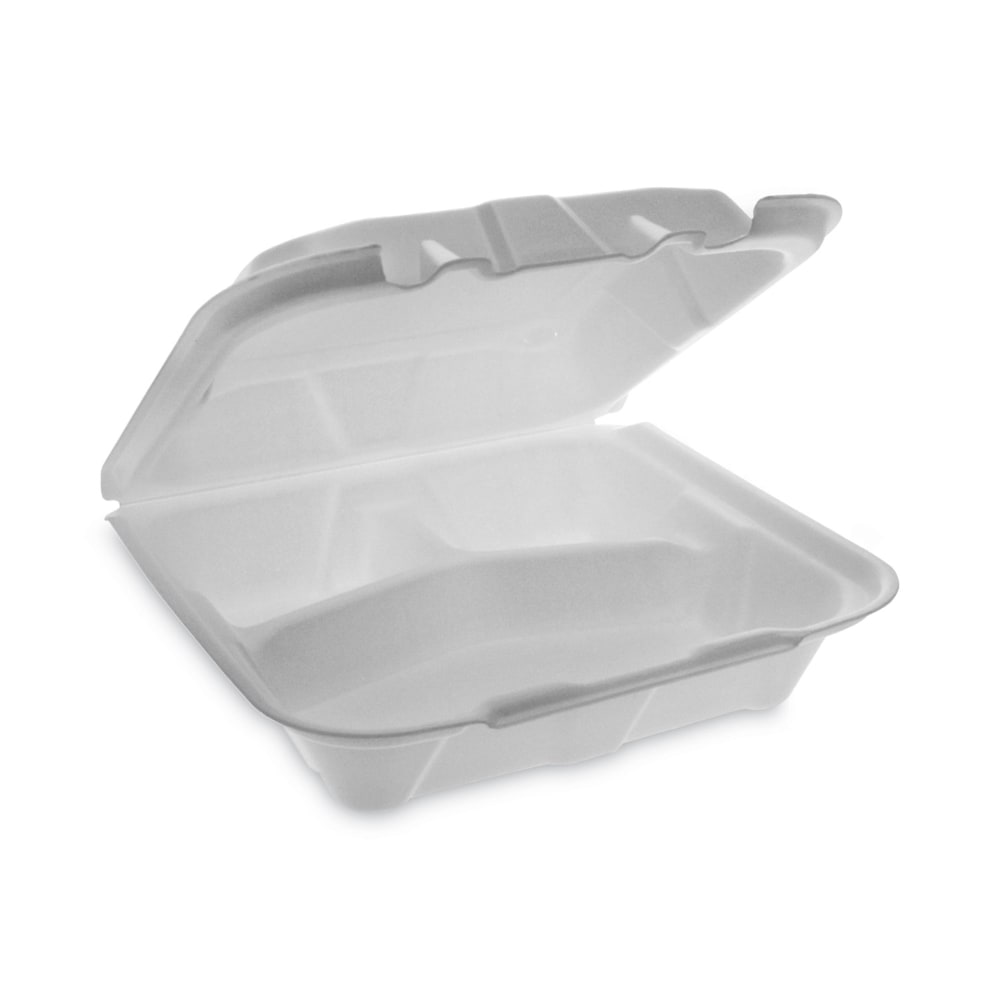 Pactiv Evergreen Vented Foam Hinged Lid Containers, 3-Compartment, Dual Tab Lock Economy, 3inH x 8-7/16inW x 8-3/16inD, White, Carton Of 150 Containers MPN:YTD18803ECON