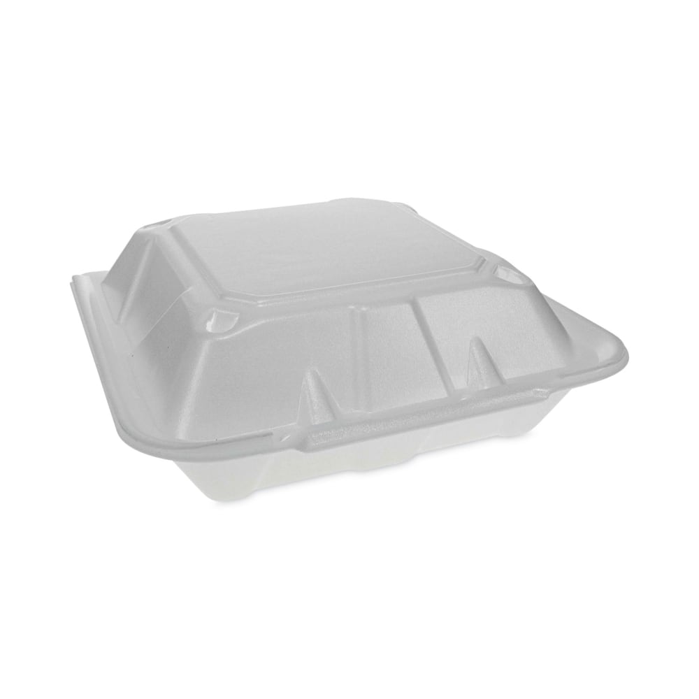 Pactiv Evergreen Vented Foam Hinged Lid Containers, 3-Compartment, Dual Tab Lock Economy, 3-1/4inH x 9-3/16inW x 9inD, White, Carton Of 150 Containers MPN:YTD19903ECON
