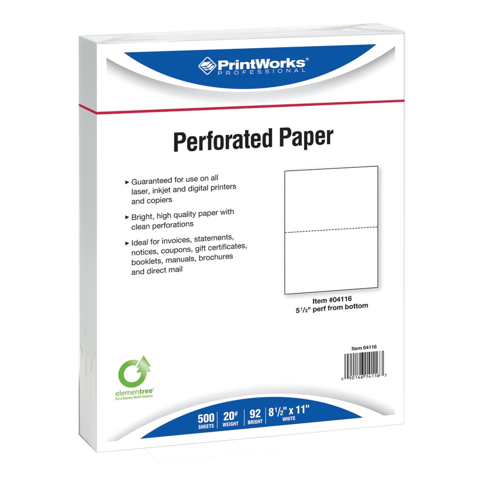 PrintWorks Professional Pre-Perforated Paper for Statements, Tax Forms, Bulletins, Planners And More, Letter Size (8 1/2in x 11in), Ream Of 500 Sheets, 20 Lb (Min Order Qty 5) MPN:04116