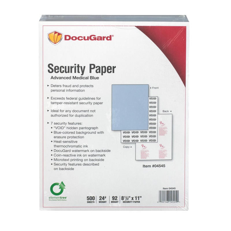 DocuGard Advanced Medical Security Paper - Letter - 8 1/2in x 11in - 24 lb Basis Weight - 500 / Ream - Tamper Resistant, Watermarked, CMS Approved - Blue (Min Order Qty 2) MPN:04545