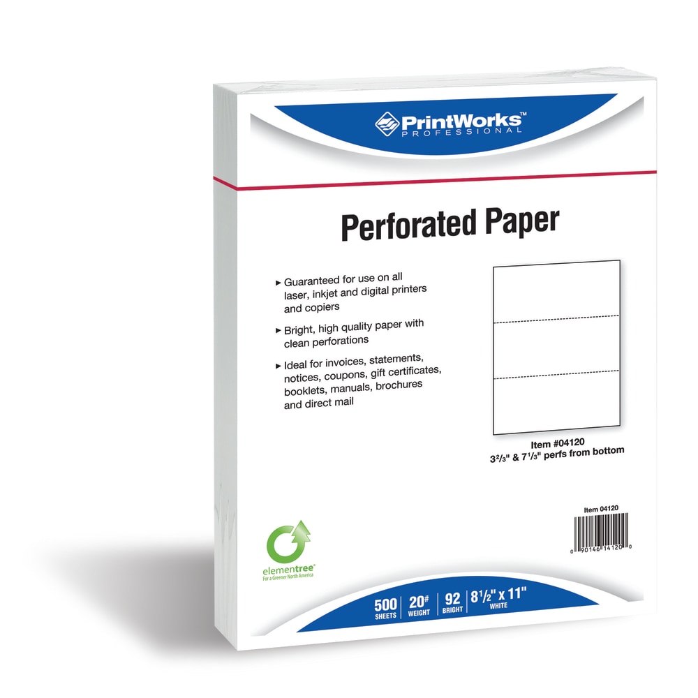 PrintWorks Professional Pre-Perforated Paper, Letter Paper Size, 20 Lb, White, 500 Sheets Per Ream MPN:04120