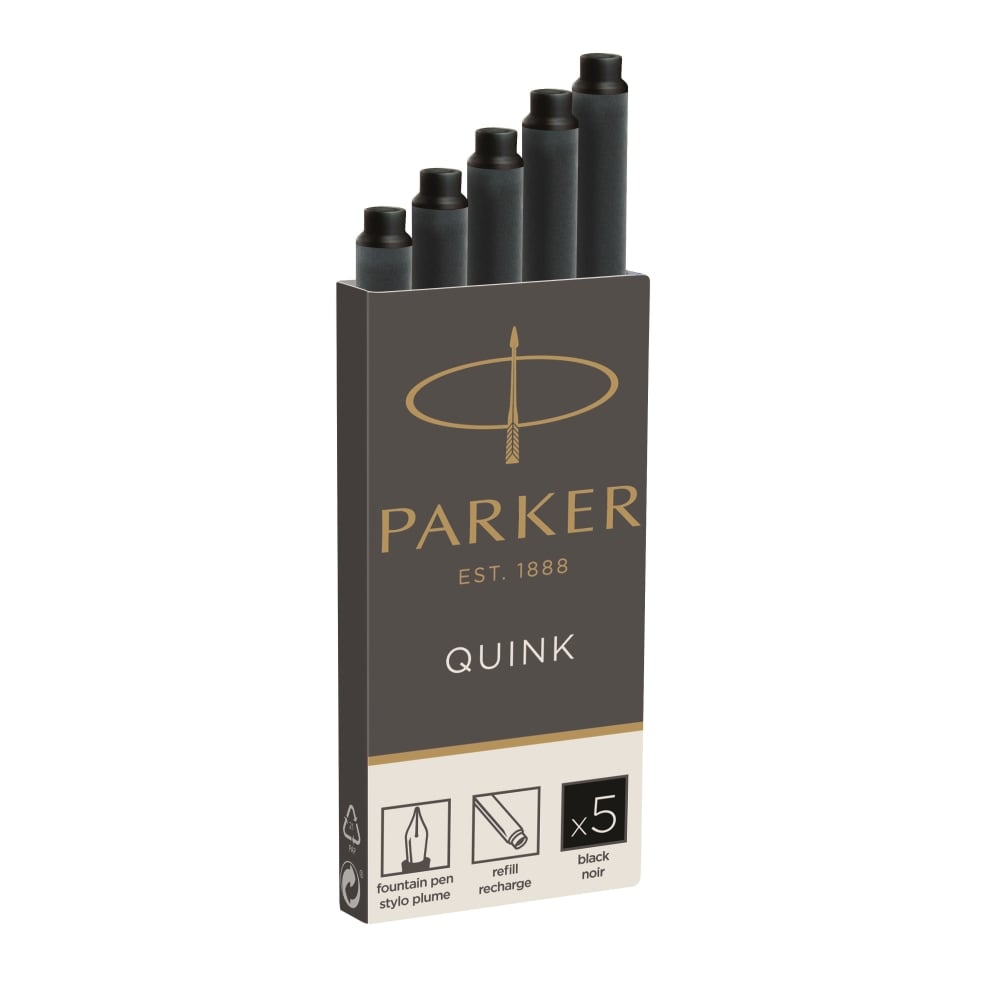 Parker Quink Fountain Pen Replacement Ink Cartridges, Black, Pack Of 5 Cartridges MPN:3011031PP