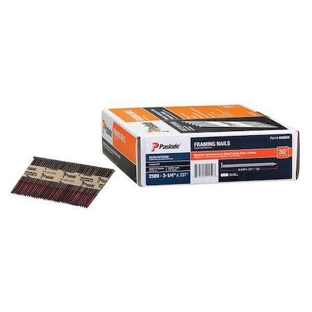 Collated Framing Nail, 3-1/4 in L, 10 ga, Brite, Flat Head, 30 Degrees, 2500 PK MPN:650839