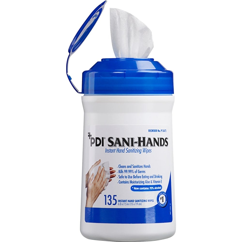 PDI Sani-Hands Instant Hand Sanitizing Wipes - 6in x 7.50in - White - Hygienic, Moisturizing - For Hand, Residential - 135 Per Canister - 1 Each (Min Order Qty 6) MPN:P13472