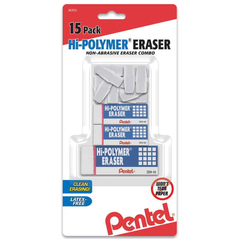 Pentel Hi-Polymer Eraser Combo Pack, White, Pack Of 15 (Min Order Qty 20) MPN:ZEH0251BP15