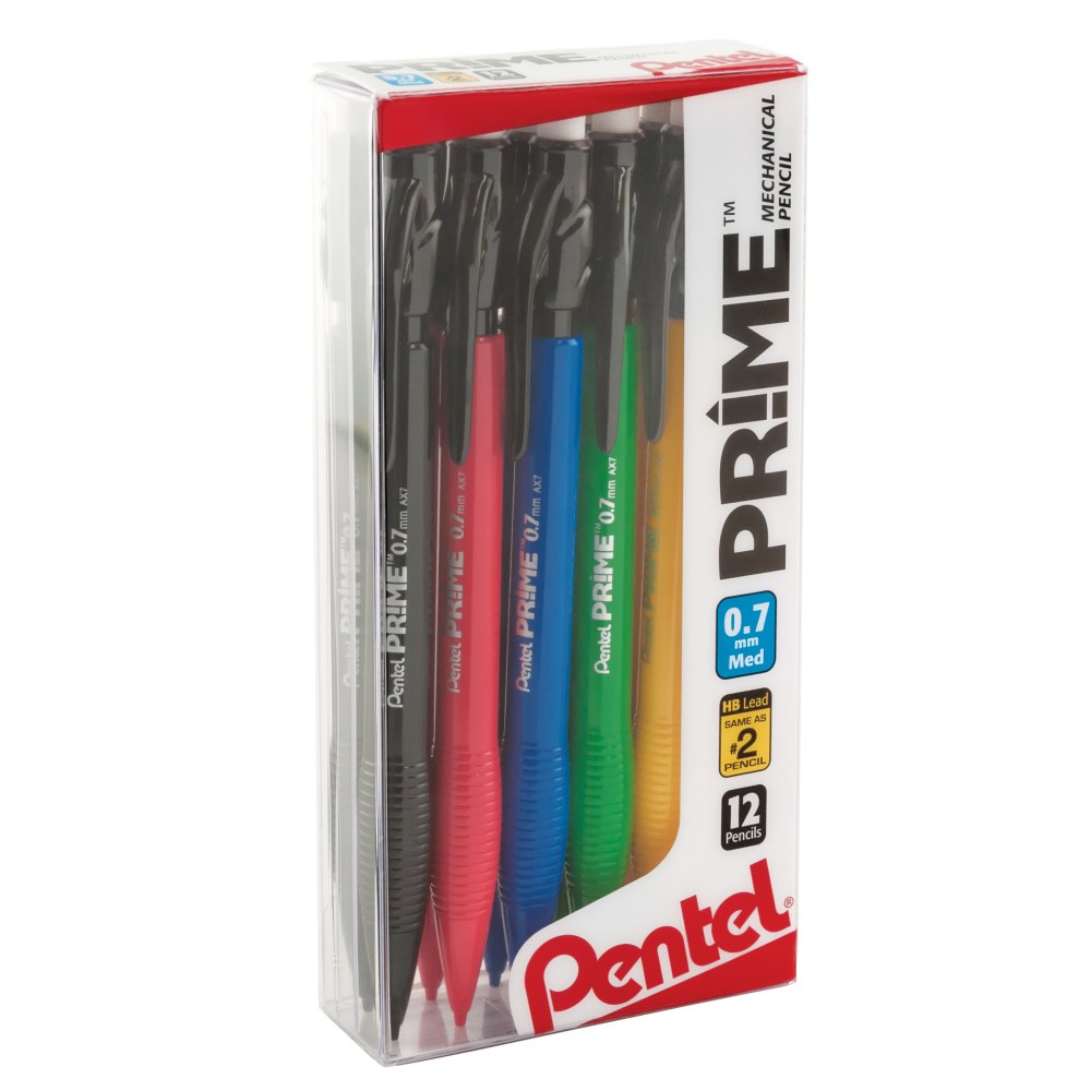 Pentel Prime Mechanical Pencils, 0.7 mm, Medium Point, Assorted Barrel Colors, Pack Of 12 MPN:AX7PC12M