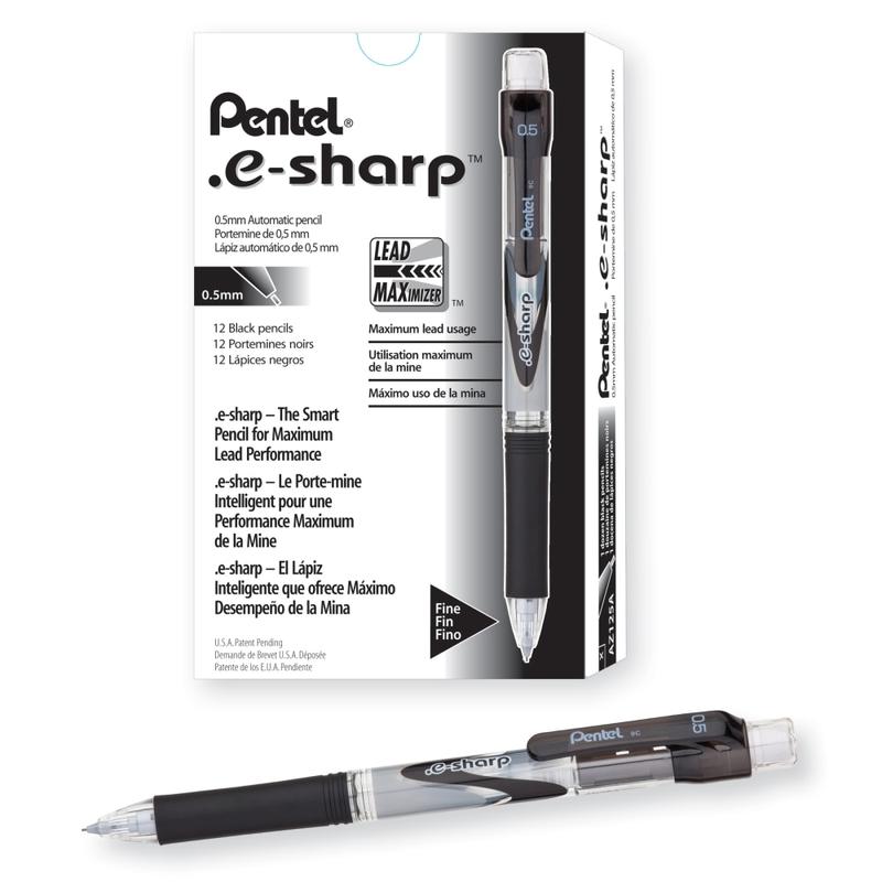 Pentel e-Sharp Mechanical Pencils, 0.5 mm, 72% Recycled, Black, Pack Of 12 MPN:AZ125A