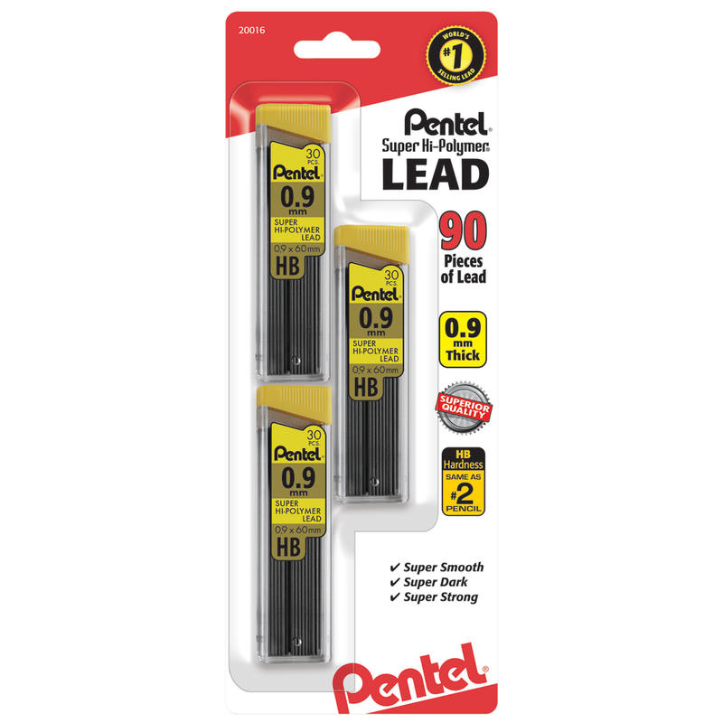 Pentel Super Hi-Polymer Leads, 0.9 mm, HB, 30 Leads Per Tube, Pack Of 3 Tubes MPN:C29BPHB3