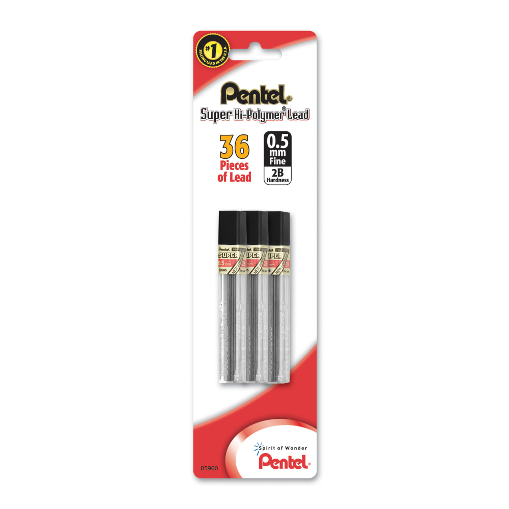 Pentel Super Hi-Polymer Leads, 0.5 mm, 2B, 12 Leads Per Tube, Pack Of 3 Tubes MPN:C505BP32B-K6