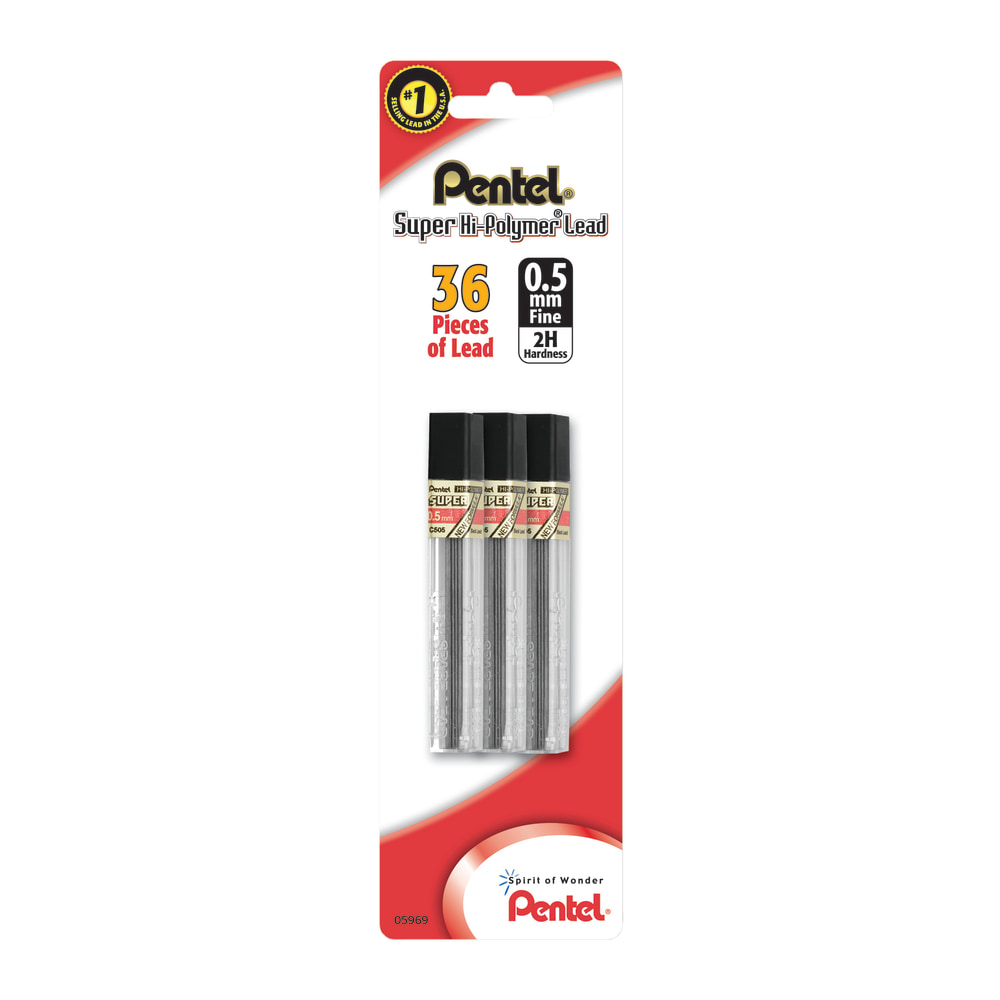 Pentel Super Hi-Polymer Fine Line Lead Refills, 0.5 mm, 2H Hardness, Pack Of 36 MPN:C505BP32H-K6